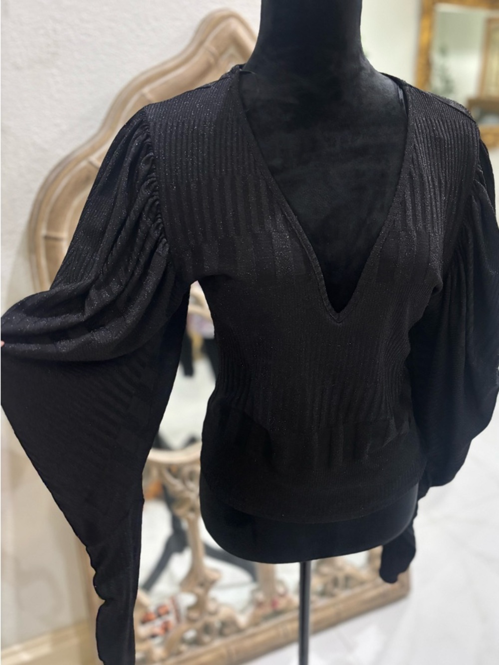 Zara Black Deep V Puff Sleeve Top